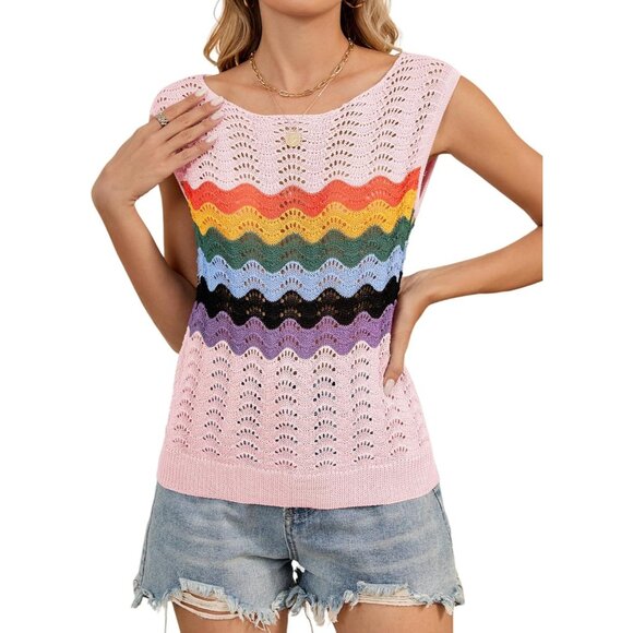 Takeyal Women Pastel Pink Sleeveless Crochet Tank Casual Summer Striped Sweater - Picture 1 of 7